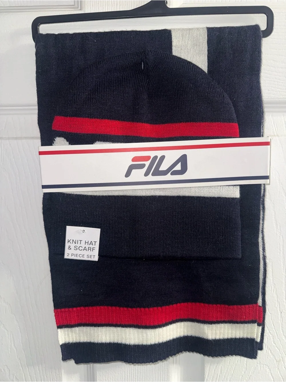 FILA Knit Hat & Scarf Set in Navy, Red, White